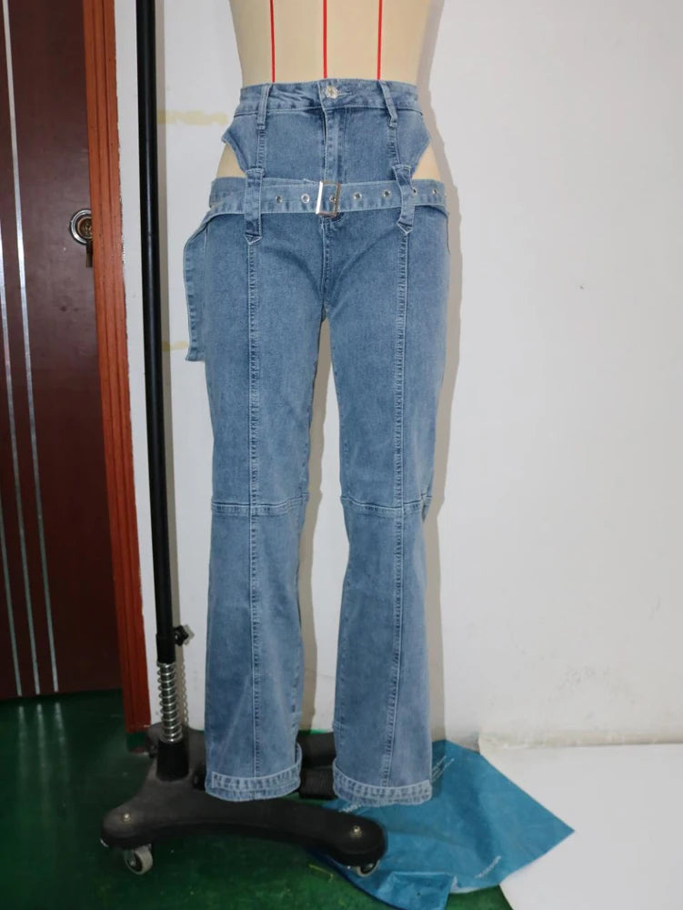 Women Sexy Belt Cut Out Jeans Fashion Streetwear Blue Washed Denim Pants 2025 Fall Winter High Waist Straight Leg Jean Trousers