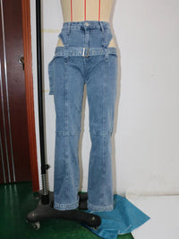 Women Sexy Belt Cut Out Jeans Fashion Streetwear Blue Washed Denim Pants 2025 Fall Winter High Waist Straight Leg Jean Trousers