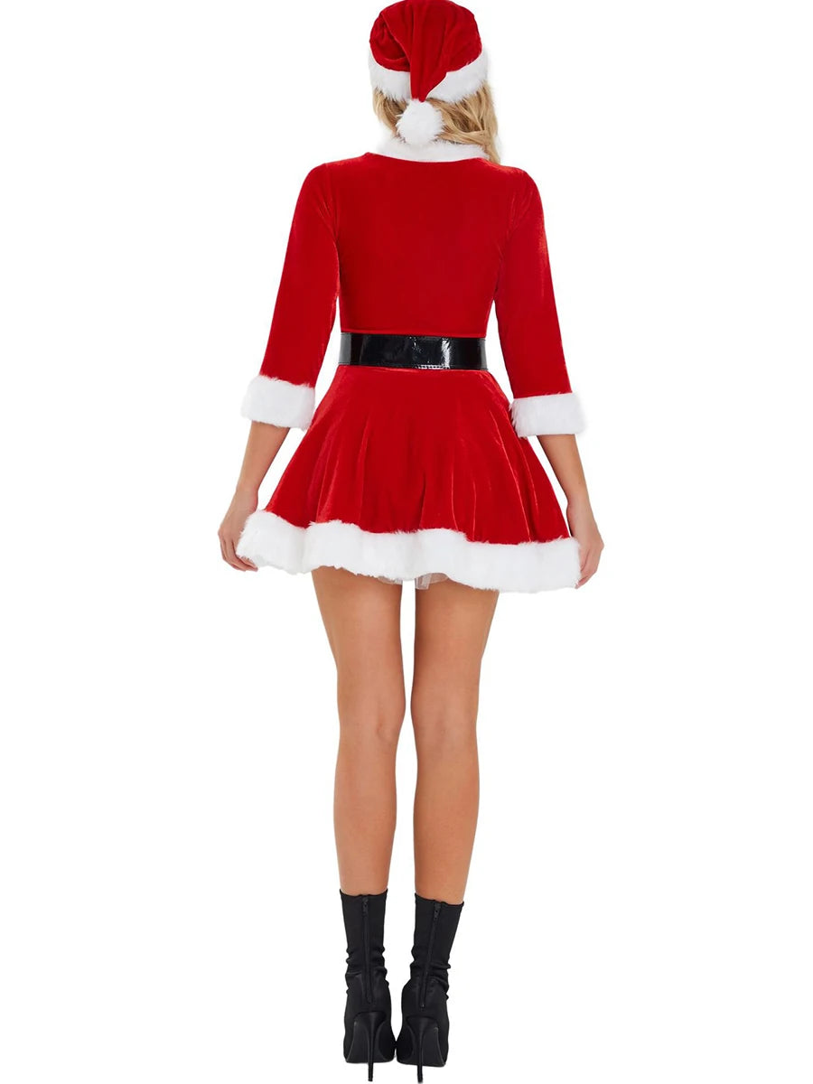 Christmas Dress for Women Santa Cosplay Costume Plush Trim Velvet Round Neck 3/4 Sleeve Belt Dress with Hat