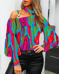 Women's Cold Shoulder Long Sleeve Striped Top with Choker Neck and Metal Buckle Detail for Fashionable Evening Wear