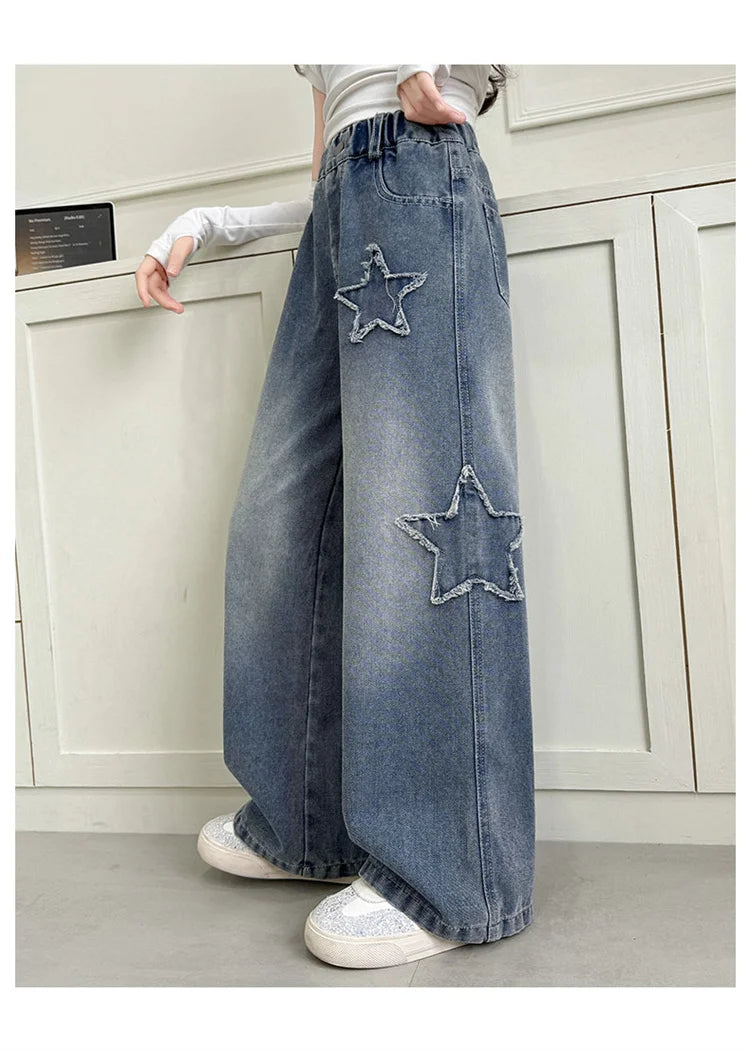 Girls Jeans 2025 Spring Autumn New Fashion Star Pattern Casual Denim Pants School Kids Trendy Teenage Children's Trousers 5-14T