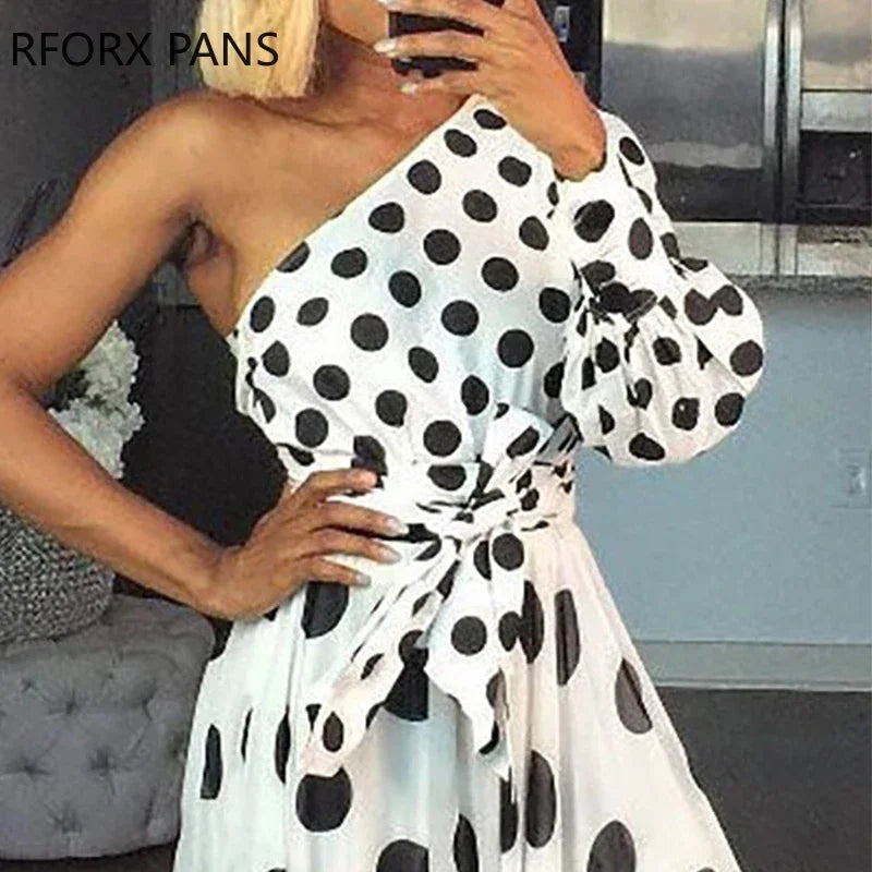 Women One Shoulder Dots Print Belted Maxi Dress Party Summer Dress