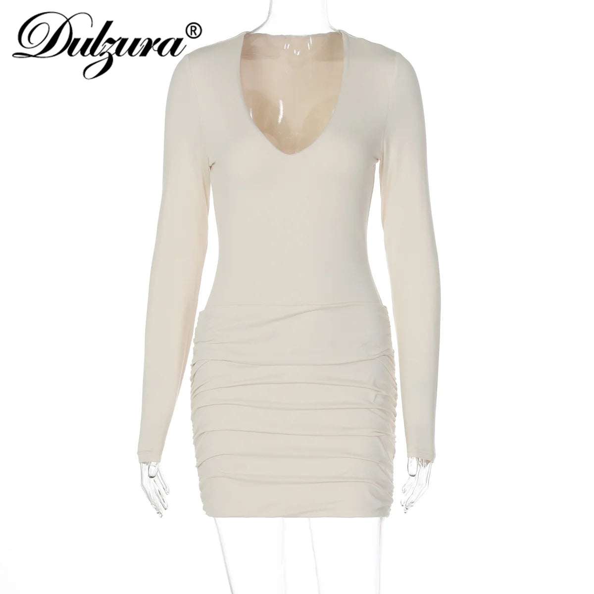 Dulzura Autumn Fashion Casual V-Neck Long Sleeve Ruched Slim Fit Mini Dress Women'S Solid Sexy Clothes Party Club Street Outfit