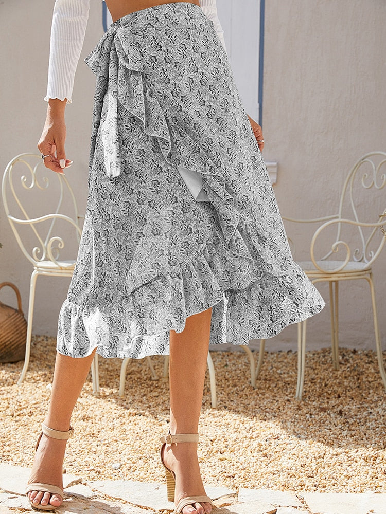 Woman Skirts High Waist Fashion Long Black Knotted Tied Wrap Floral Ruffle Chiffon A Line Split Skirt 2022 Spring Summer Clothes