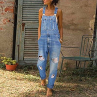 Fashion Women Denim Rompers for Streetwear Hollow Out Design Pockets Decor Sling Sleeveless Mid Waist Casual Loose Jumpsuits