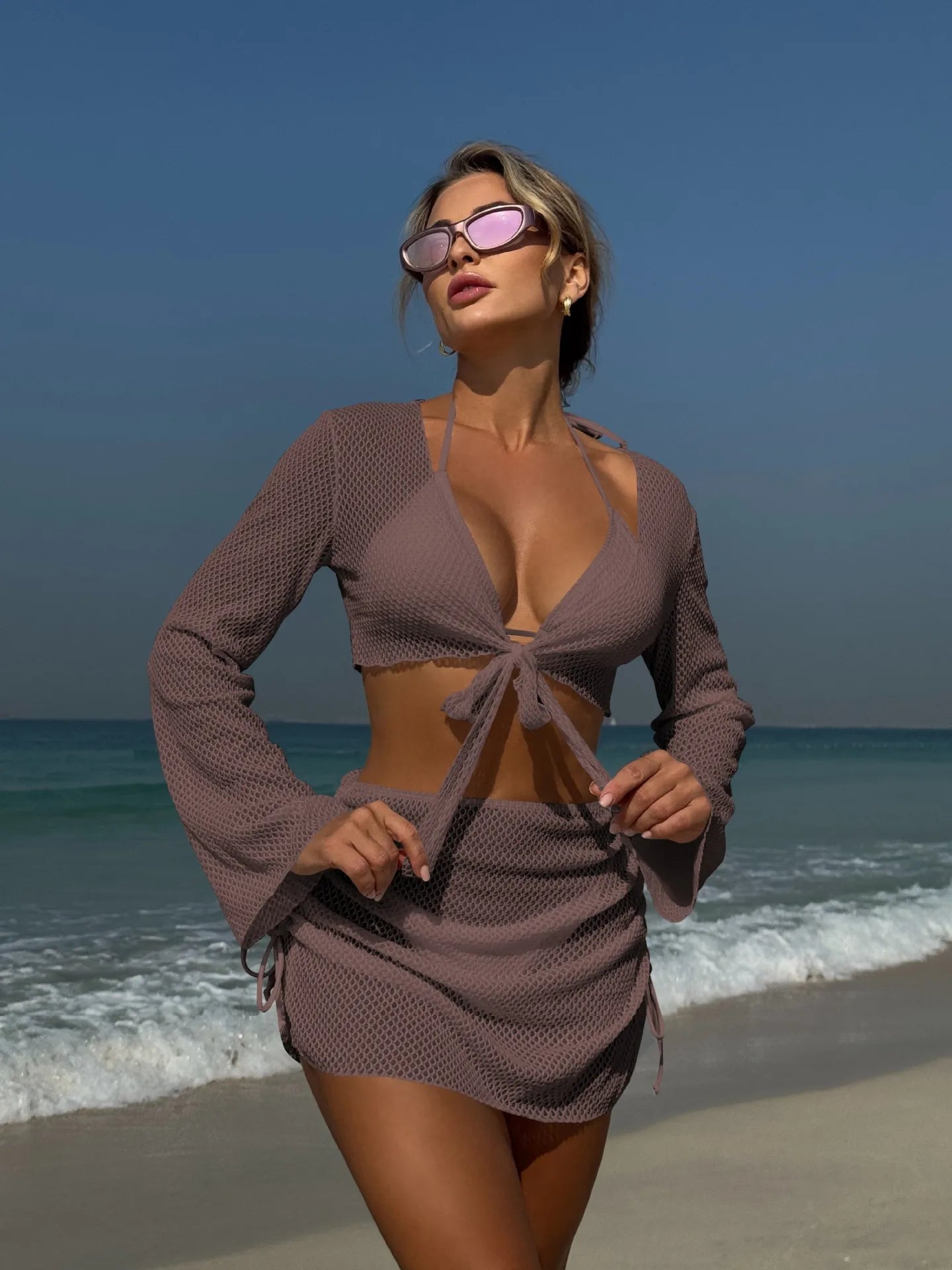 2025 new solid color summer new beach vacation style four-piece split swimsuit