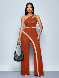 Women's Fashion Modern Party Asymmetric Neck Hollow Two-color Contrast Office Asymmetric Splicing Metal Decorated Sleeveless Str