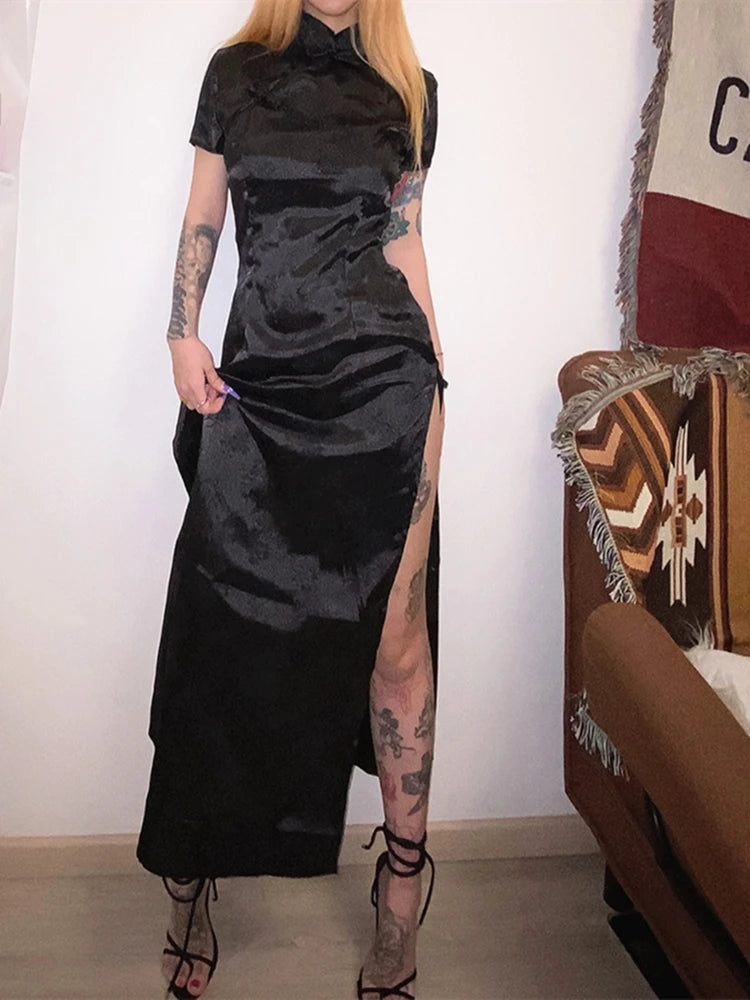 Sisterlinda Soft Satin Traditional Chinese Mid-Calf Dresses Women Black Embroidery Elegant Split Long Qipao Club Party Gown Robe