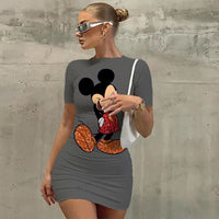 Disney Mickey Mouse Print Bodycon Dress - Women's Short Sleeve Club Party Dress