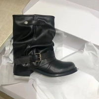 Fashion Boots Autumn New Round Toe Sleeve Metal Belt Buckle Anti-slip Wear-resistant Medium Heel Short Boots