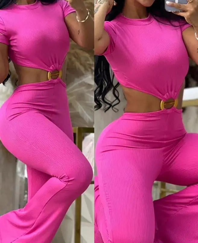 Ladies Jumpsuit Summer Outfit 2023 Sexy O-Ring Decor Cutout Short Sleeve Jumpsuit Sexy Backless Cutout High Waist Jumpsuit