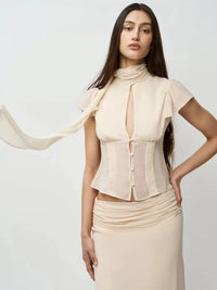 Guiz Apricot Silk Scarf Ribbon Chiffon Shirt Semi-Transparent High-Waist Waist-Cinching Top Low-Waist Pleated Skirt