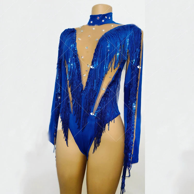 Flashing Blue Fringed Rhinestones Bodysuit Women Stretch Gogo Dancer Costume Bar Nightclub Dj Ds Party Rave Outfits XS7744