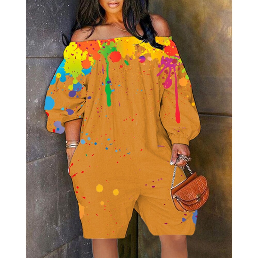 Sexy Women Ink Splash Print Off The Shoulder Long Sleeve Romper Oversized