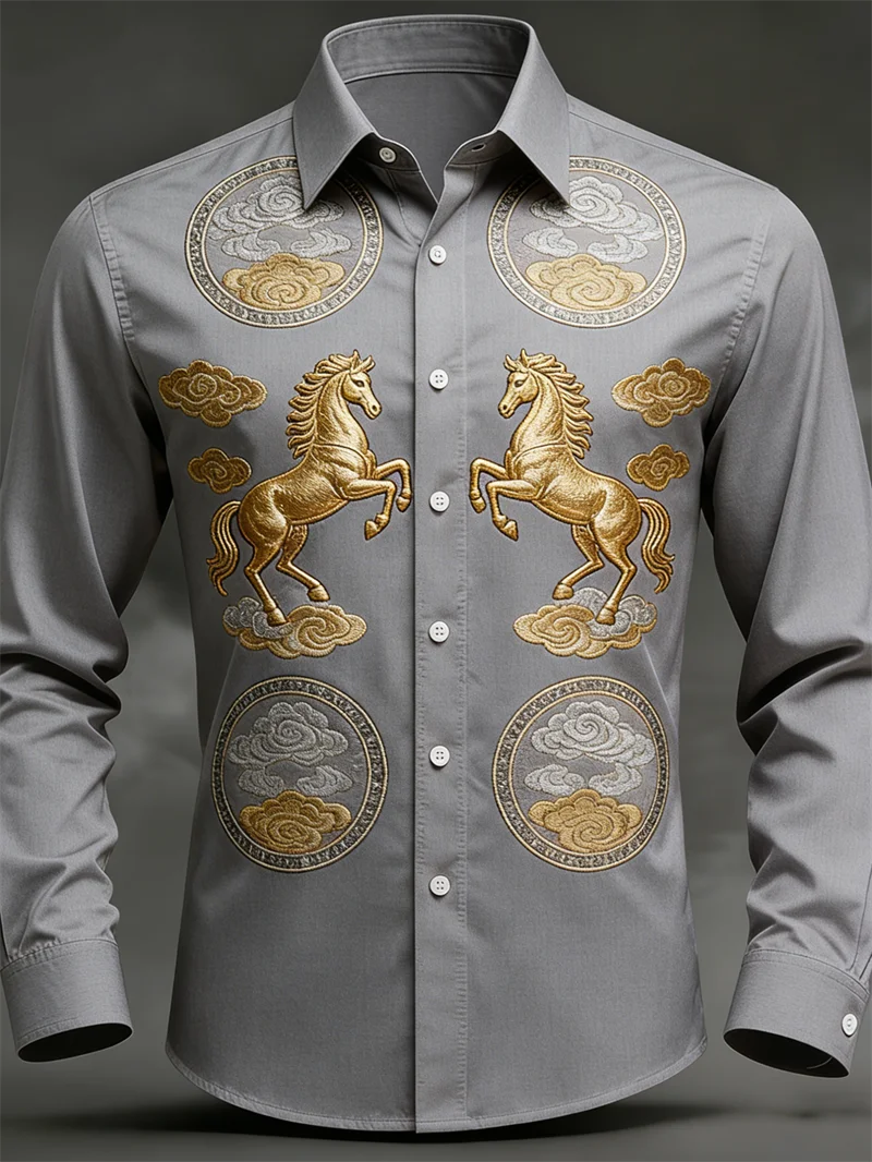 New men's long sleeved shirt casual button lapel 3D printed horse pattern luxurious men's top soft and comfortable