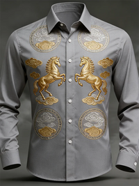 New men's long sleeved shirt casual button lapel 3D printed horse pattern luxurious men's top soft and comfortable