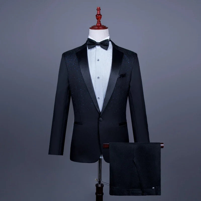 2025 New Black and White Hot Diamond Suits for Men 2-piece,Male Group Chorus/Singer Host/Anchor Dress Performance MC Blazer+Pant