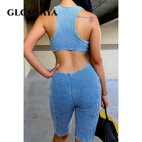 Women Cutout Back Halter Deep V-neck Tank Knee Length Knit Ribbed Jumpsuit Street Playsuit Romper One Piece Set Outfits