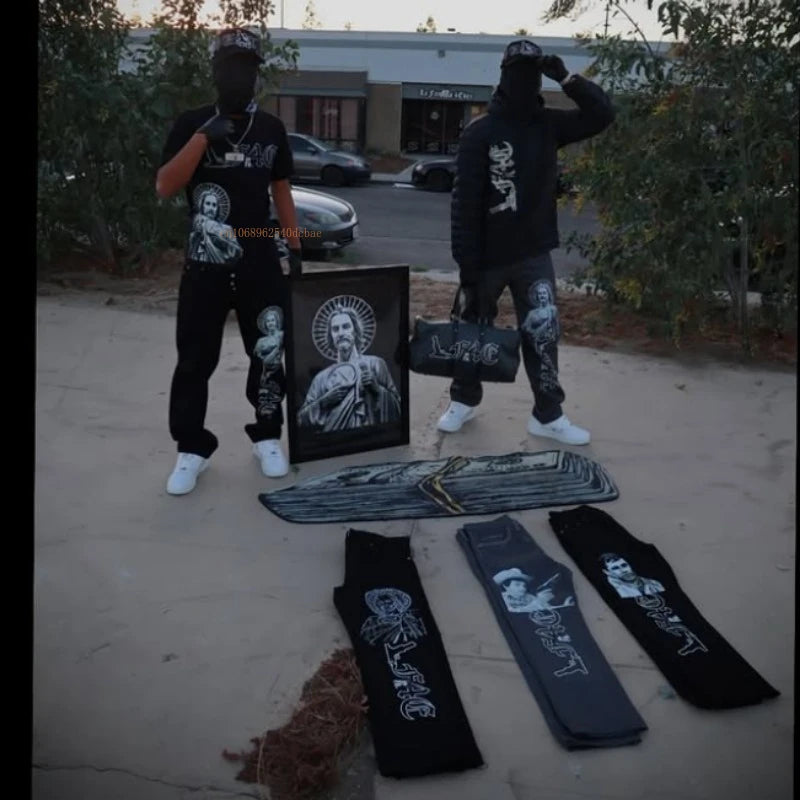 Black Straight Jeans Men Women American Street Trendy Brand Letter Print Jeans Ins Net Red Design Fashion Denim Wide Leg Jeans