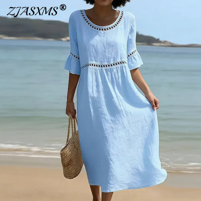 Summer Beach Vacation Dresses Women's Sexy O Neck High Waist Hollow A-Line Dress Spring Flare Sleeve Linen Vintage Dress Vestido
