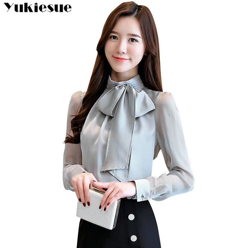 Autmun long sleeve shirt women fashion womens tops and blouses 2022 solid bow stand collar office blouses women blusas clothes