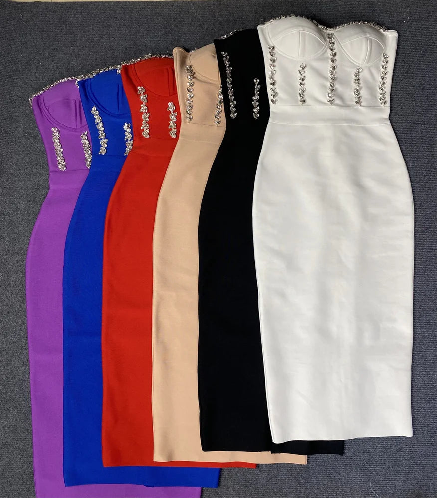 High Quality Red Khaki Black Strapless Crystal Beading Rayon Bandage Dress Elegant Club Party Dress Vestidos High Quality Red Khaki Black Strapless Crystal Beading Rayon Bandage Dress Elegant Club Party Dress Vestidos