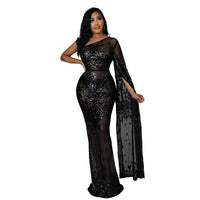 Sparkly Sequin Evening Sexy Dresses Women Long Sleeve One Shoulder Sheer Mesh Maxi Bodycon Dress Wedding Night Club Party Dress