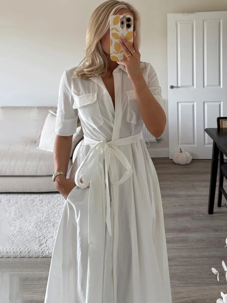 HH Women Fashion Lapel Short Sleeve Pocket Single-Breasted Belt Decorate Midi Dress Female Summer Elegant Slim Pleated Dress