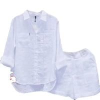 2025 Summer Cotton Linen Casual Shirt Two Piece Set For Women Shorts 2 Piece Sets Outfit Long Sleeve Short Sets Outfits Home