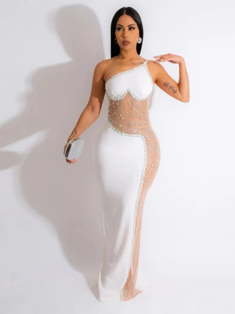 2023 Women Dresses One Shoulder Sleeveless Mesh Patchwork Diamonds Maxi Long  Club Evening Sexy Party Vestidos Robe Femme