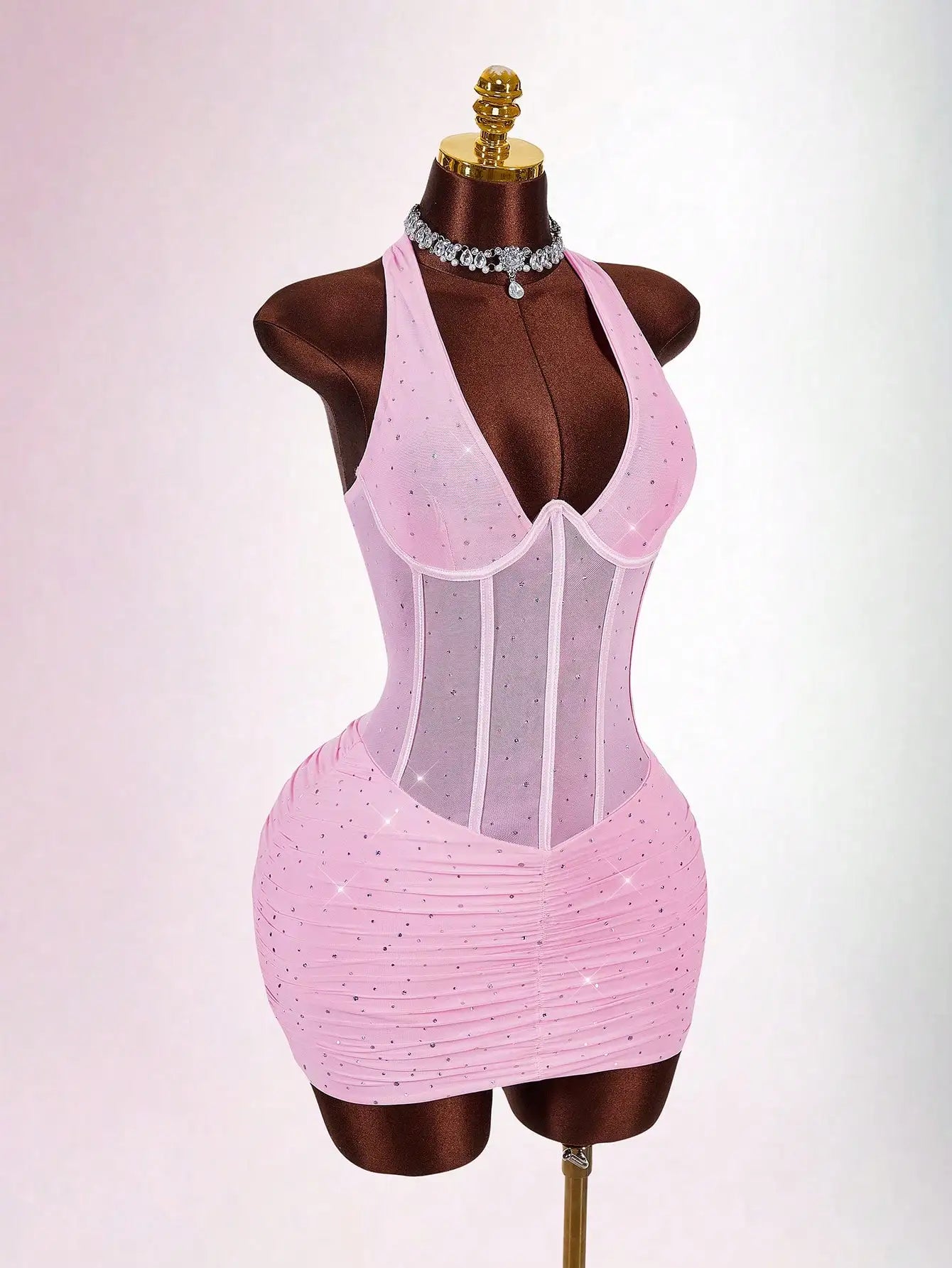 Red Halter Neck Rhinestone Mini Dress with Corset Waist for Party Club Night