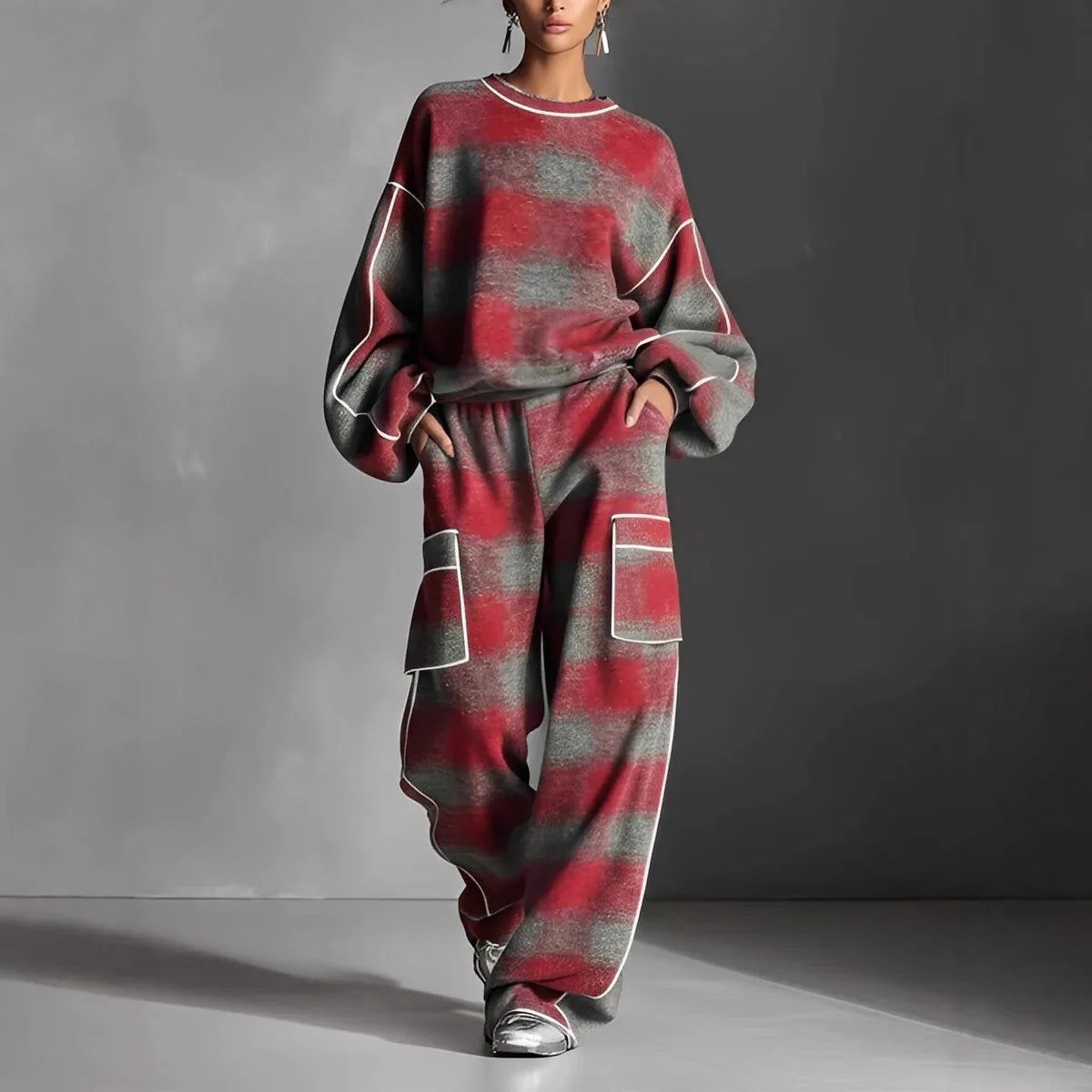 2026 Women's Plaid Vintage Street Style Color-Block Trim Pants Set Spring Summer