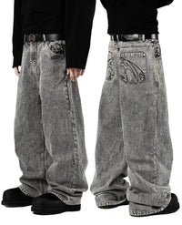 2000s Retro Street Embroidery Jeans Male R&BY2K Harajuku Hip Hop Gray Style Jeans Male Solid Color Loose Straight Pants Female