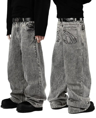 2000s Retro Street Embroidery Jeans Male R&BY2K Harajuku Hip Hop Gray Style Jeans Male Solid Color Loose Straight Pants Female