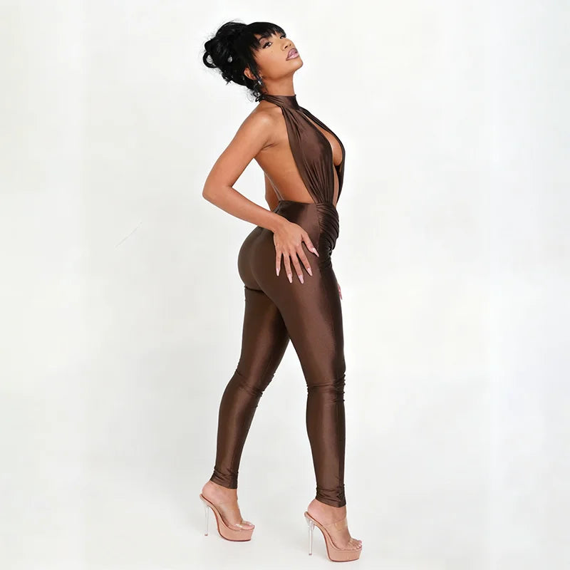 Halter Backless Jumpsuit Woman Sexy Hollow Fit Patchwork Waist Ruched Midnight Activity Workout Streetwear Overalls