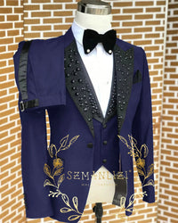Black Men Suits Luxury Stone Crystal Tuxedos Bespoke Groom Wear 3 Pieces Business Male Prom Blazers Slim Fit Custome Homme