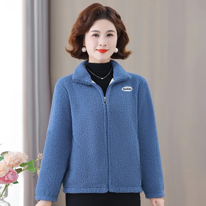 Winter Mother's Attire New Jacket Middle-Aged And Elderly Women's Fleece-Lined Woolen Sweatshirt Warm  Stand Collar Top