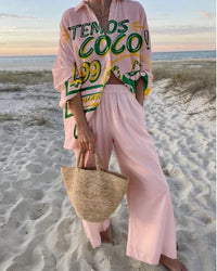 Boho Beach Holiday Print Shirt And Pants Two Pieces Sets Women Csaual Loose Long Sleeve Button Shirts Outfits Summer Pants Sets