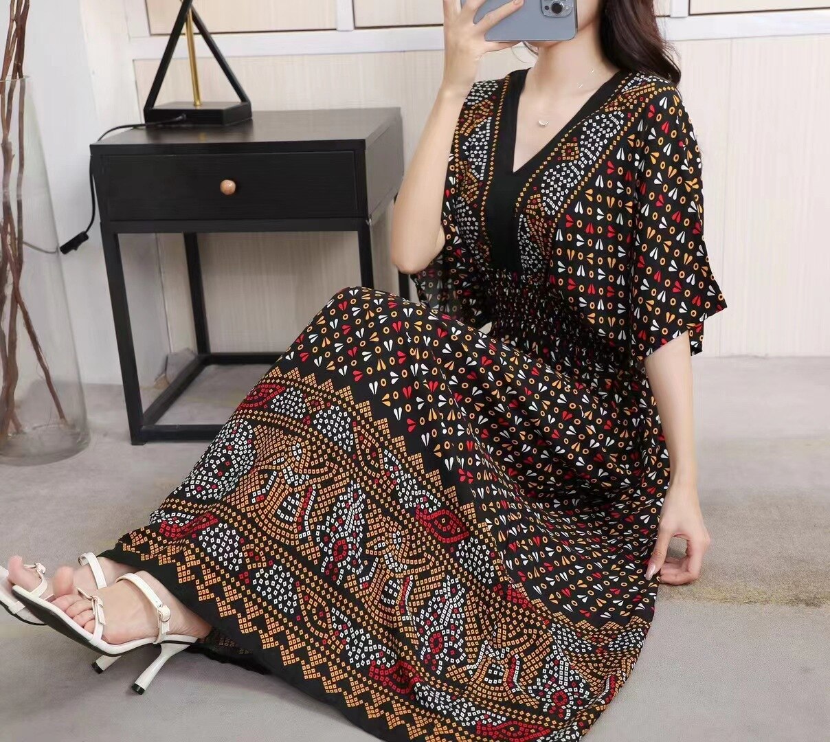 Summer Poplin Dresses Women Round Neck Puff Short Sleeve A Line Print Dresses Ethnic Style Tight High Waist Long Dress 2023