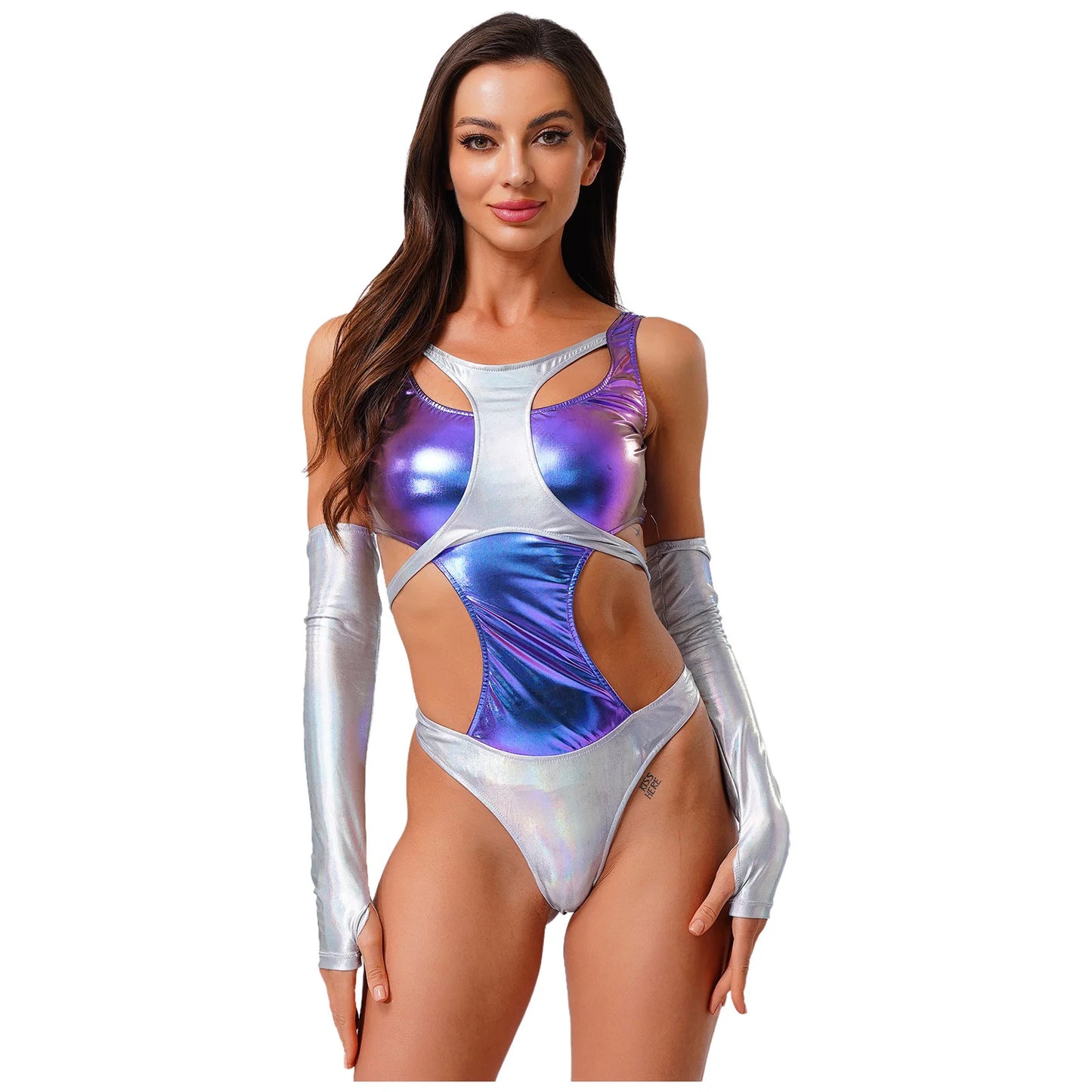 Women Metallic Shiny Bodysuit with Fingerless Long Gloves Contrast Cut Out Leotard for Halloween Cosplay Astronaut Alien Costume