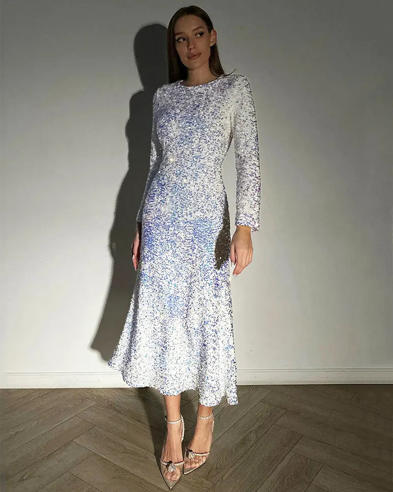 GACVGA Fashion Sequined Party Slim Midi Dress For Women 2025 Autumn Winter Elegant Long Sleeve Sexy Bodycon Evening Dresses