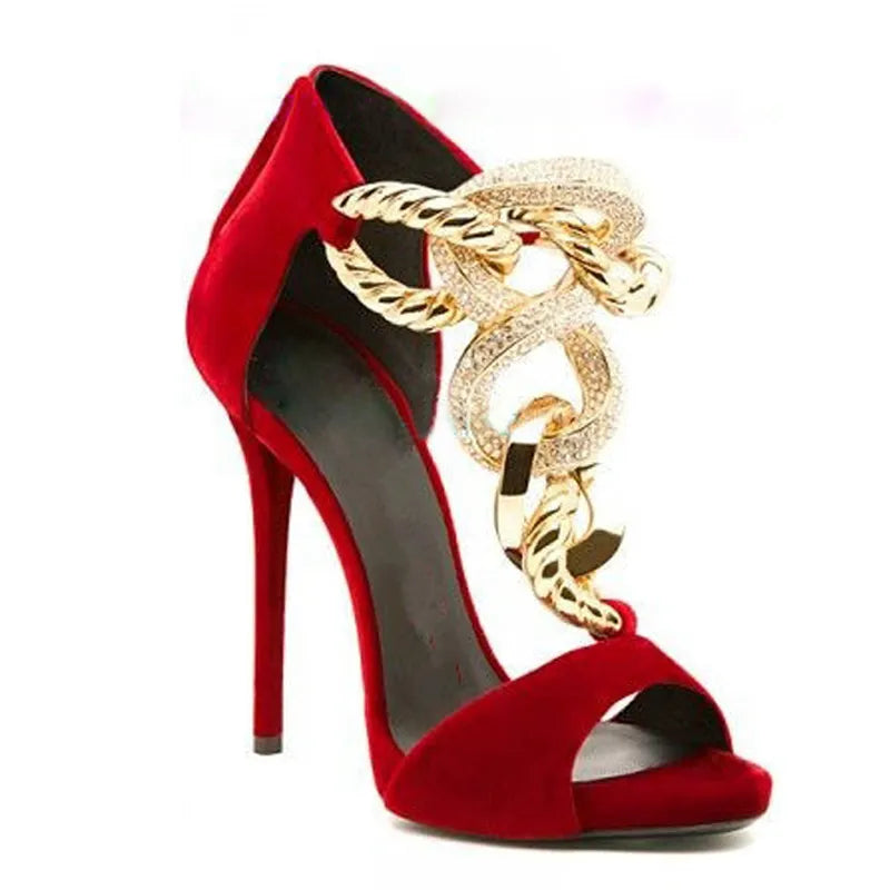 Summer Gold Bling Rhinestone Circle Crossed Sandals Women Purple Red Black Suede Party Thin Heels Shoes Gladiator High Heels