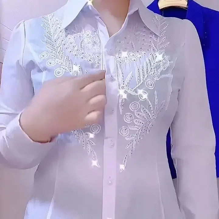 Shiny Sequins Long Sleeve White Shirt New High End Chic High Design Embroidery Hot Diamond Blouses Women Tops Red Blue