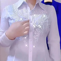 Shiny Sequins Long Sleeve White Shirt New High End Chic High Design Embroidery Hot Diamond Blouses Women Tops Red Blue