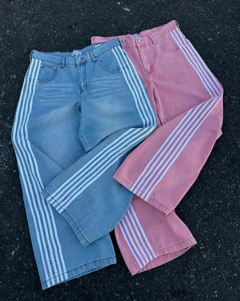 High Street Vintage striped embroidered high-waisted Jeans Men Women casual pants Harajuku Hip Hop Street baggy wide-leg jeans