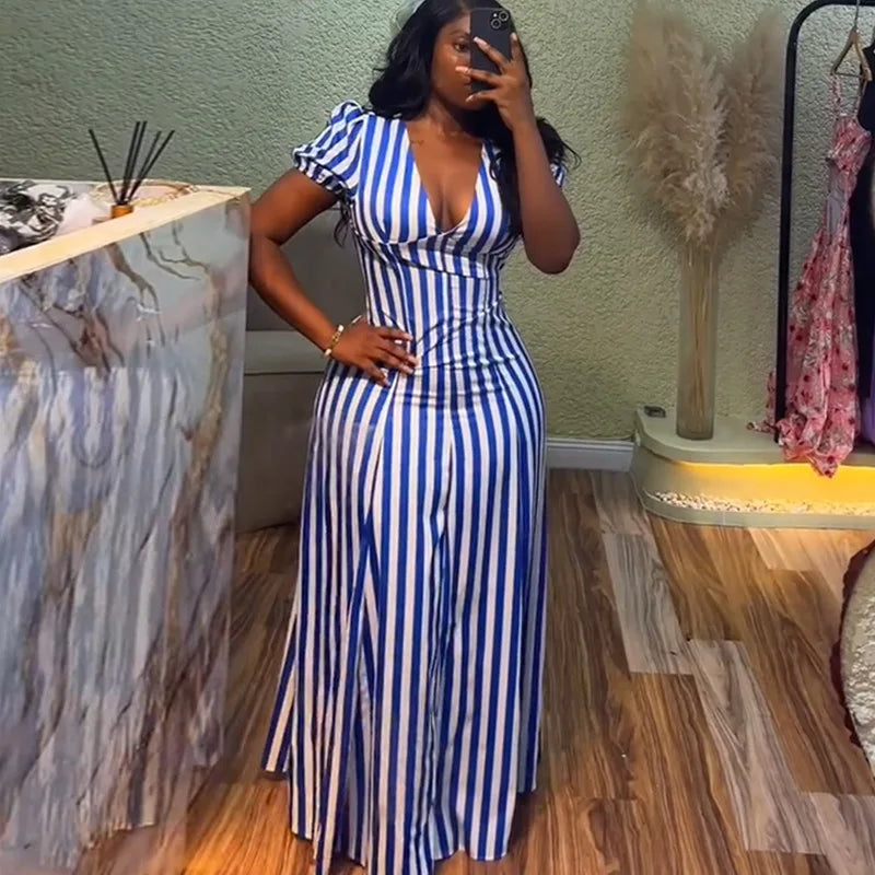 Women Striped Printed V-Neck Dress Short Sleeve Elegant Slim Casual Vacation Streertwear Vintage Long Dress Summer Dresses 2025