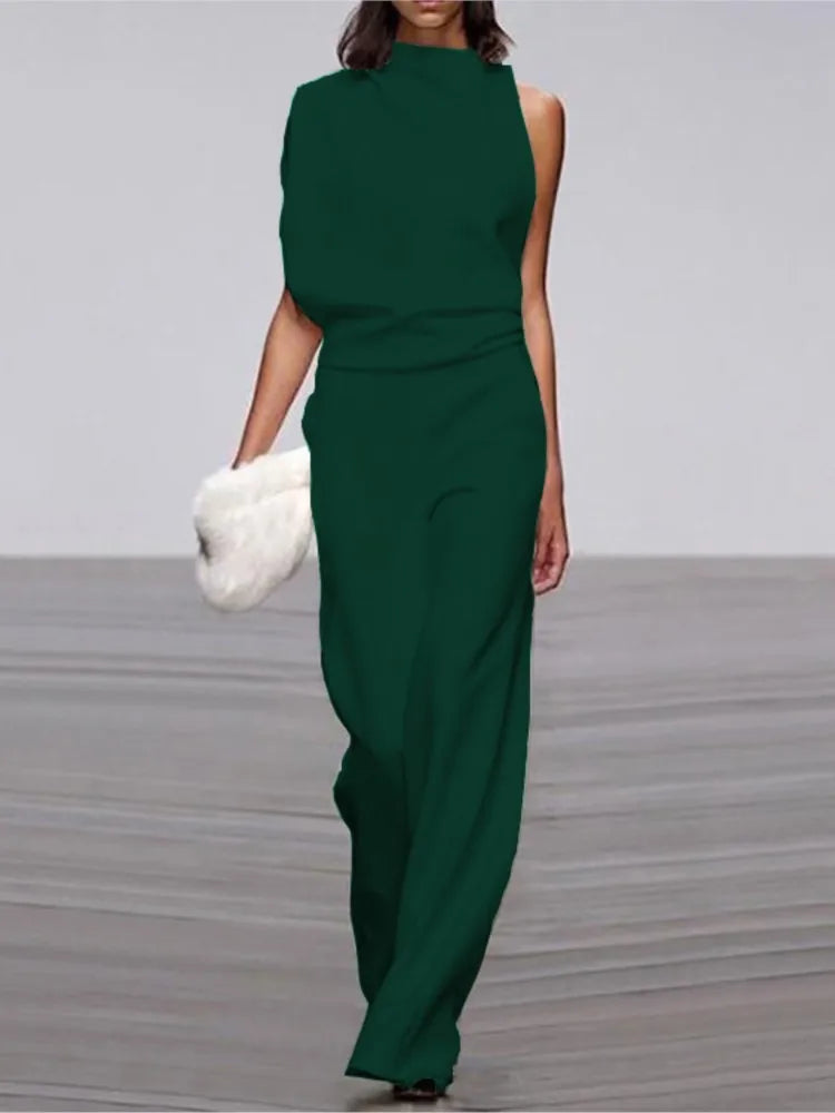 Spring And Summer Simple Solid Color Fashion One-shoulder Pile Collar Jumpsuit British Style Mid-waist Pleated Hollow Jumpsuit