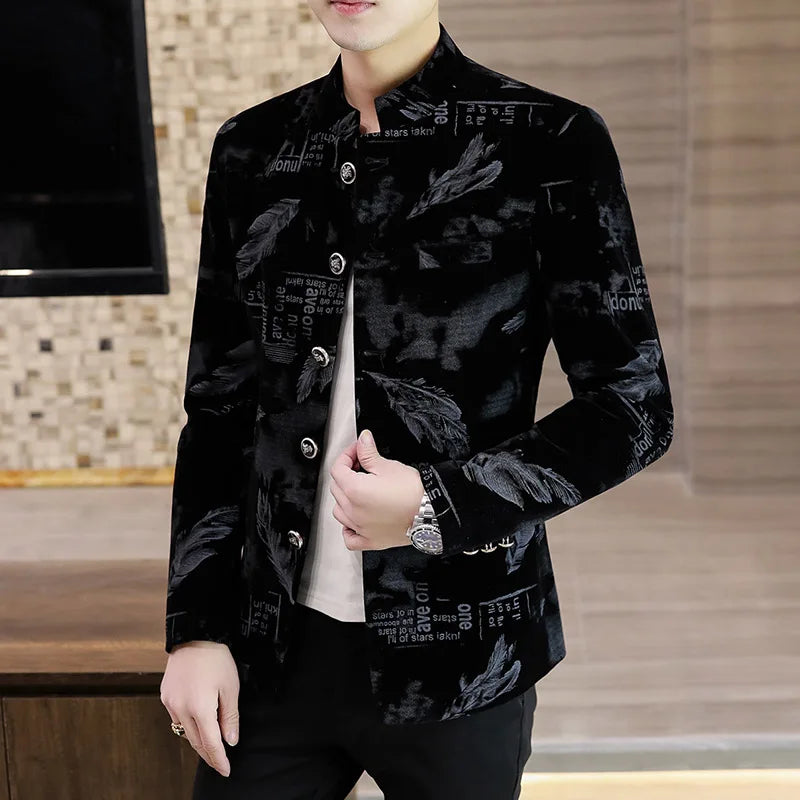 Luxury Retro Velvet Suit Jacket for Men Fashion Slim Fit Stand Collar Blazer Masculino Casual Business Wedding Dress Coat 2023