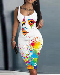 Summer Daily Dresses for Women 2023 Fashion Tie Dye Print Sexy Party Sleeveless U-Neck Bodycon Casual Dresses