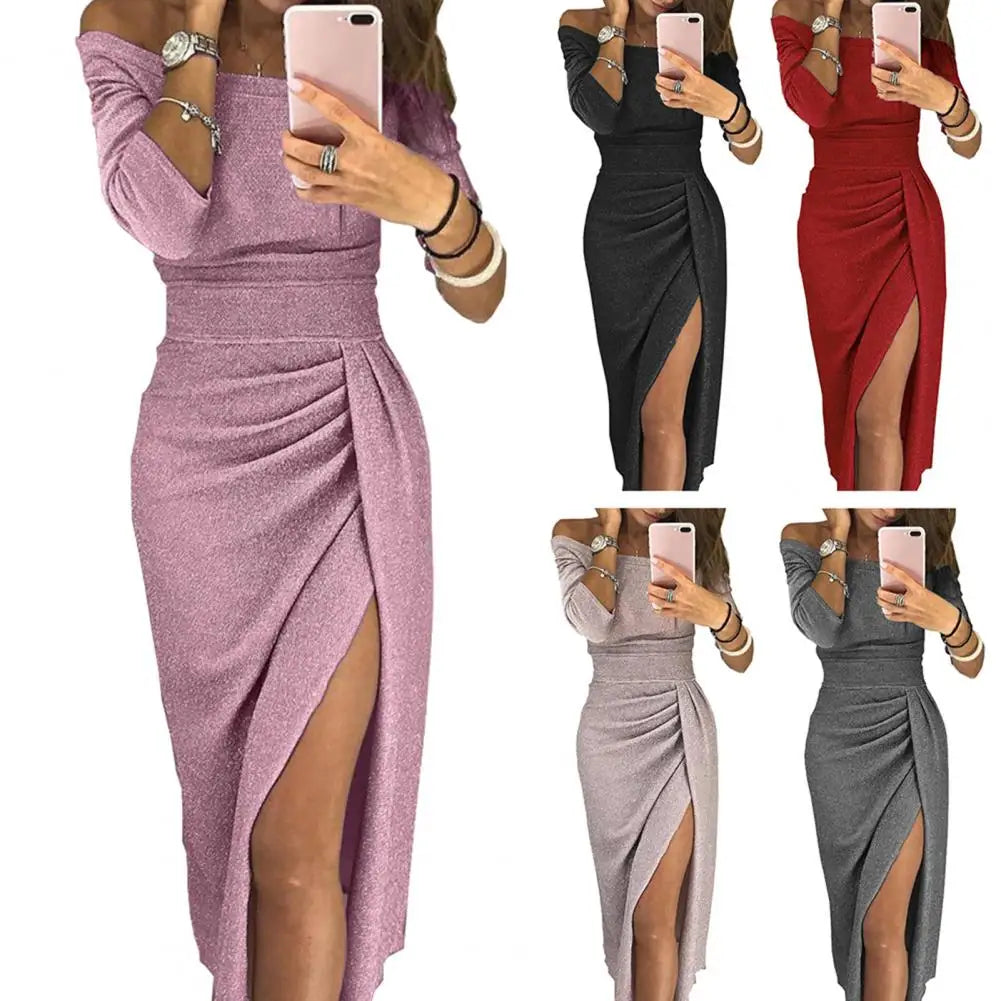 Party Dress Women Elegant Dress Fashion Bodycon Solid Color Sexy 2021 New Vestidos Autumn Straight Neck Half Sleeves Wedding